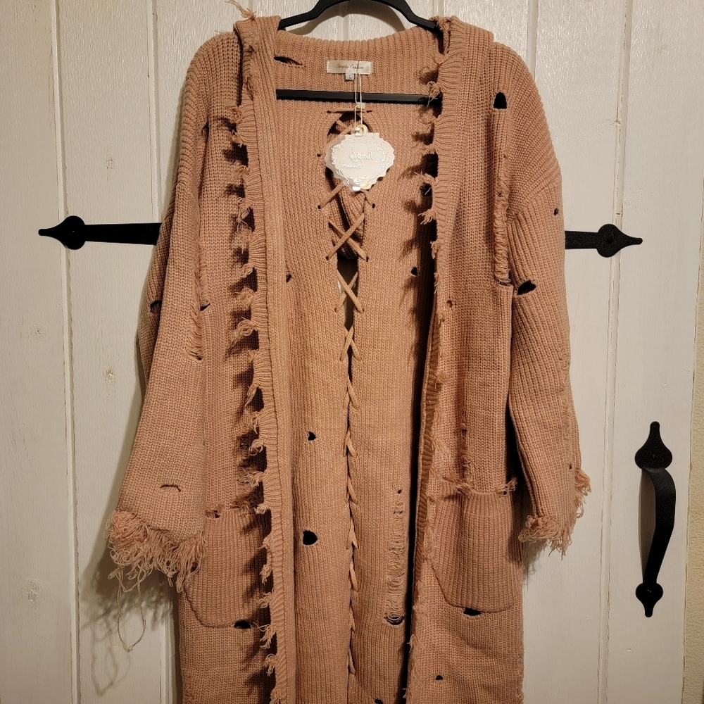 Simply Couture Womens Sweater Cardigan Knit Pink Distressed Size Large